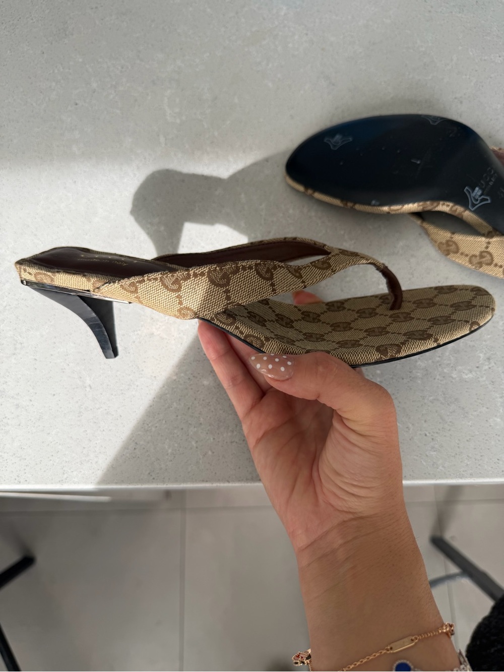 Designer-Inspired Beige Monogram Kitten Heel Thong Sandals